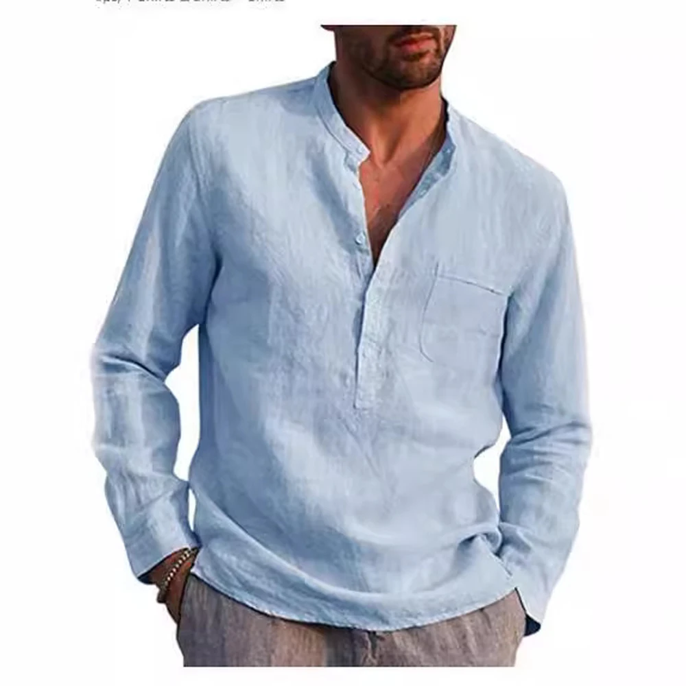 Mens Collarless Pocket Blouse Shirts Summer