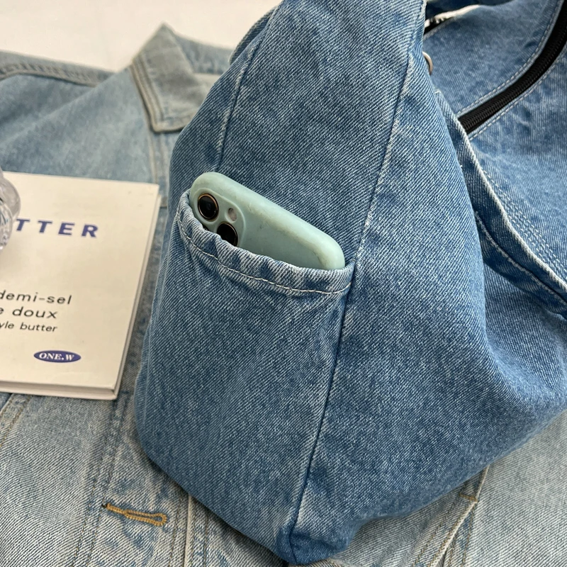 Women's minimalist and fashionable casual denim shoulder bag, zippered shopping bag, crossbody women's bag