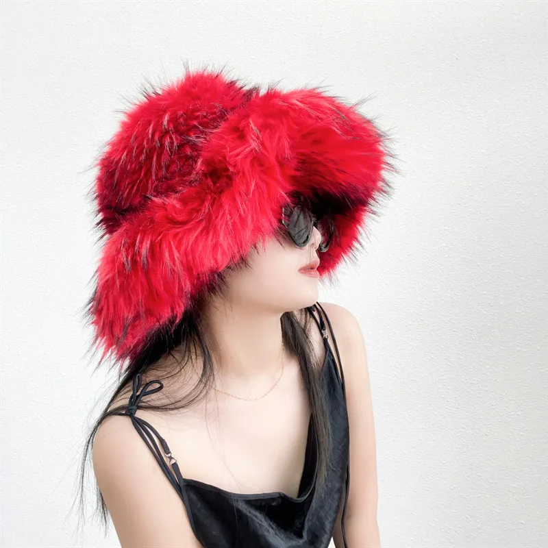 

Fashion Natural Plush Big Thick Dome Hat Natural fox Raccoon Fur Caps Winter Women's Warm Ear Windproof Hat