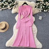 YuooMuoo Brand Fashion Aesthetic Patchwork Knitted Maxi Dress Autumn Winter Women Luxury Shirt Sweater Dress Office Lady Vestido