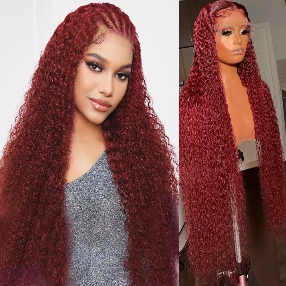 

99J Burgundy Deep Wave 13x4 Lace Front Human Hair Wig 180 Density 34 Inch 13x6 Lace Frontal Red Curly Wigs Remy For Women