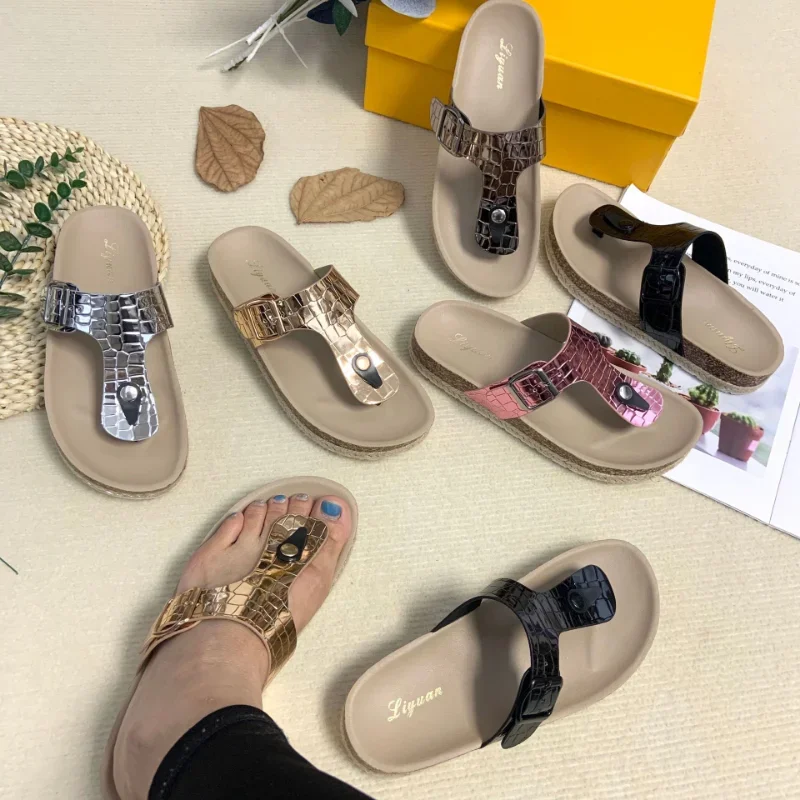 

2022 New style hemp rope sandals thick cork sole slippers Women's leisure holiday flip flops outdoors flat with beach shoes