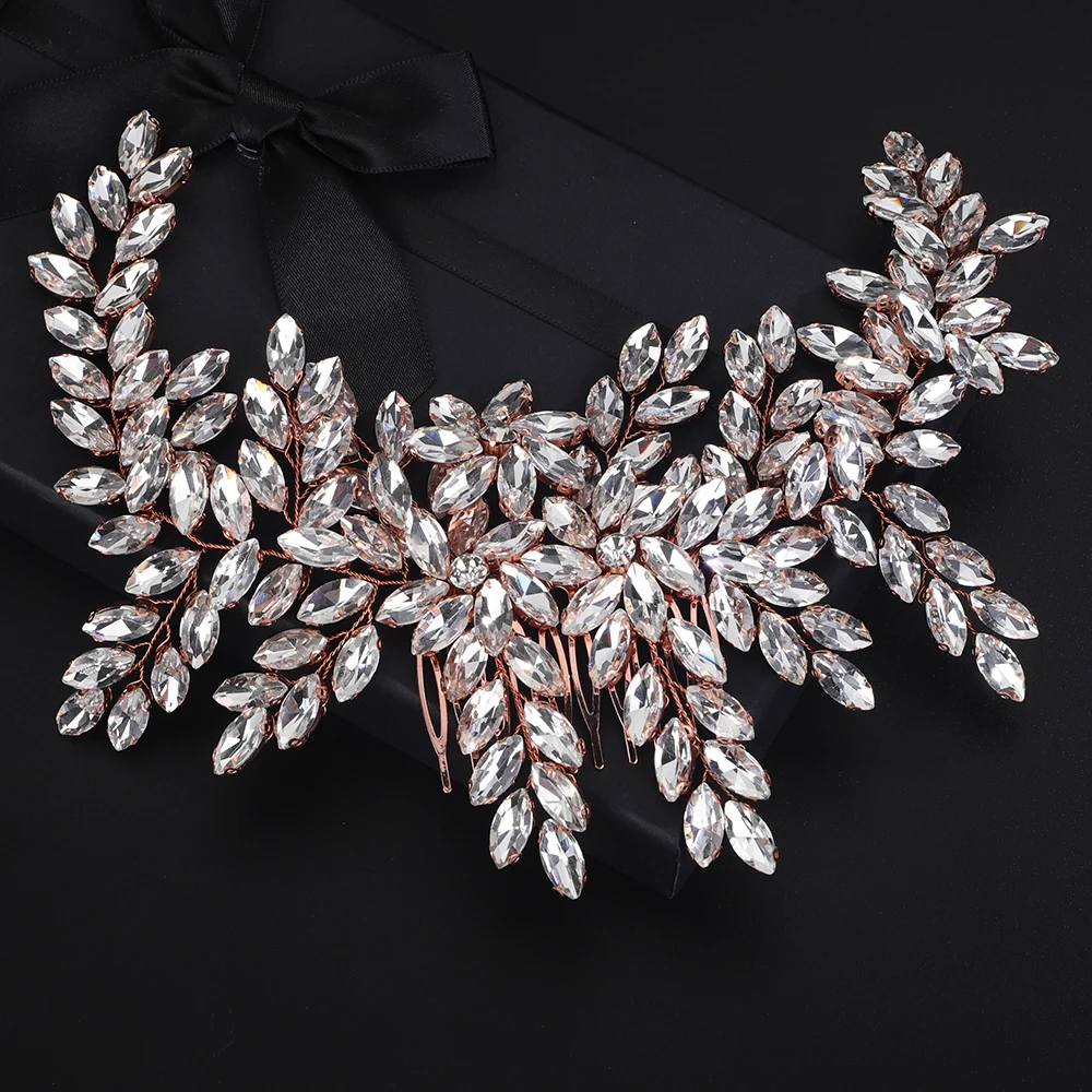 Bridal Hair Accessories Luxury Pink Rhinestone Bridal Hair Comb Headband Handmade Wedding Headpiece for Women Party Bridesmaid Tiaras
