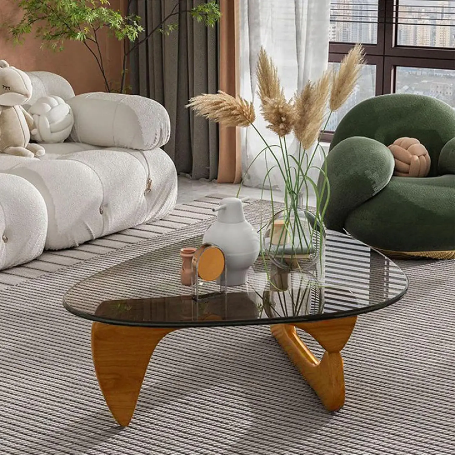 Coffee Tables for Living Room-Triangle Glass Coffee Table with Wooden Base Mid-Century Modern Abstract End Table