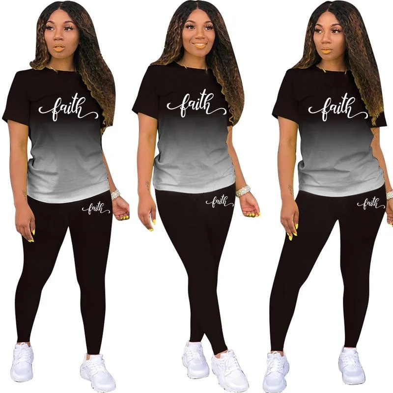 New Women's Gradient Sports FitnessSets Short Sleeve T Shirt+Pants Women's Fashion Faith Printed Tracksuit Casual Sportwear