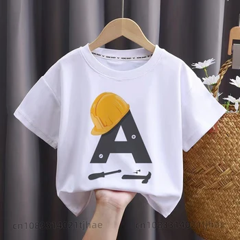 Letter A-U Kids Boys T-shirts Baby Short Sleeve Excavator Tops Children Fashion Tshirt Boy Construction Shirts
