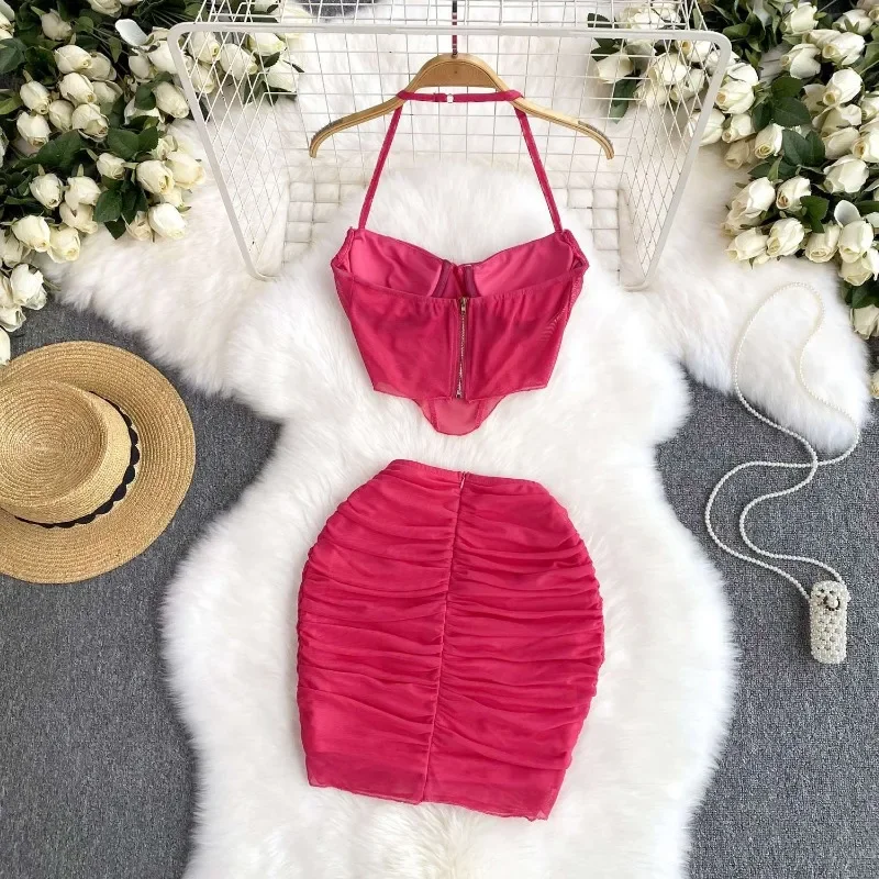 Dress Suit Women Two Peice Sets Crop Tops Tank Tops Slim Skirt Mesh Sexy Neck Chic Womenswear Patchwork Streetwear Solid Hipster