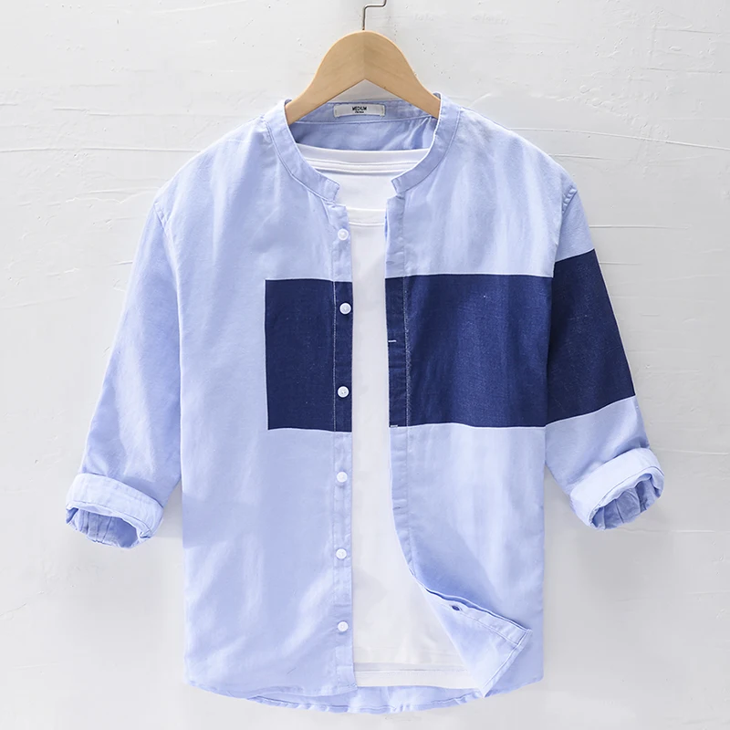 

Новое поступление, Повседневная льняная рубашка с рукавом три четверти и воротником-стойкой, мужской брендовый трендовый Топ, мужская рубашка, быстрая доставка, Прямая поставка