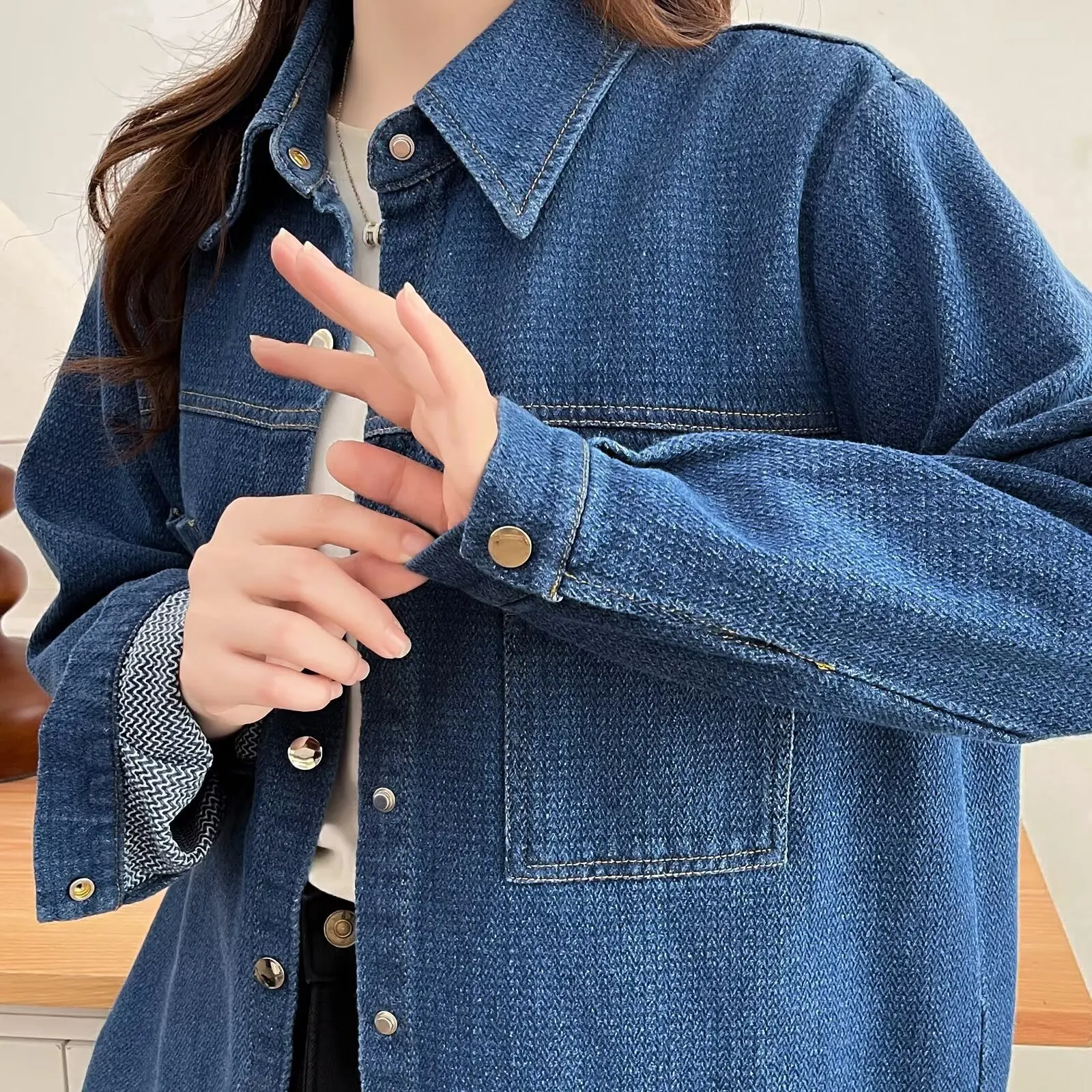 Plus Size Women's Blouses 2025 Autumn New Stylish Starry Sky Striped Denim Shirt Jacket 014