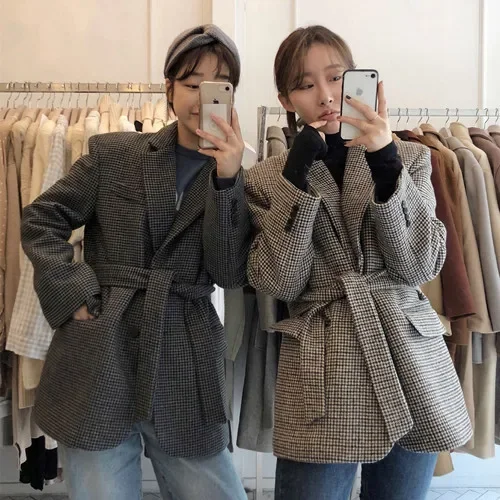 Korean Style Retro Houndstooth Oversize Autumn and Winter Lace-up Suit Loose Woolen Ladies Jacket Fashion Casual Jacket 2024 New