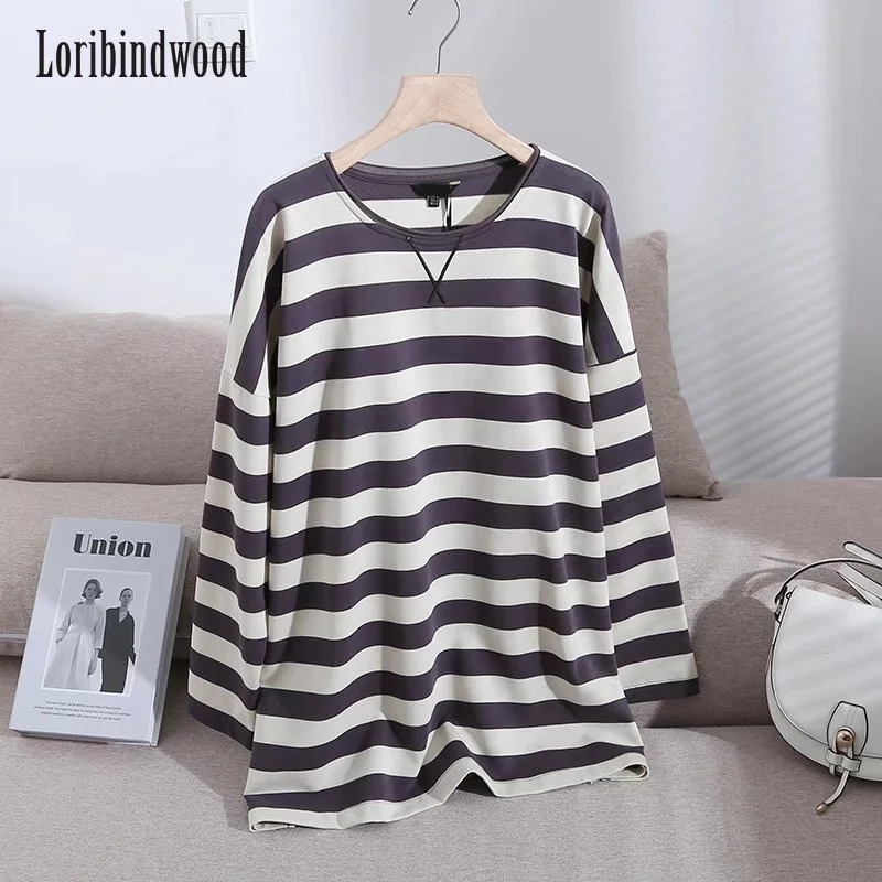 

Loribindwood Women 2023 Spring Autumn Vintage Striped Long Sleeve O-Neck Pullovers Sweatshirt Female Loose Tops