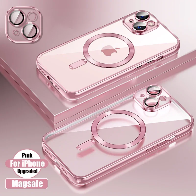 Custodia in silicone con placcatura trasparente per iPhone 17 Air 16 15 14 13 12 11 17 Pro Max 16 Plus Magsafe Pellicola per lenti magnetiche Proteggi copertura Rosa