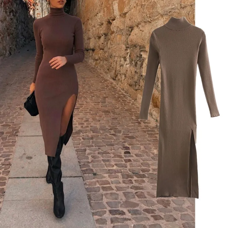 

2022Spring Fall Threaded Knitted Dress Pullover Women High Waist Sexy Side Slit Maxi Dresses Slim Turtleneck Long Sleeve Sweater