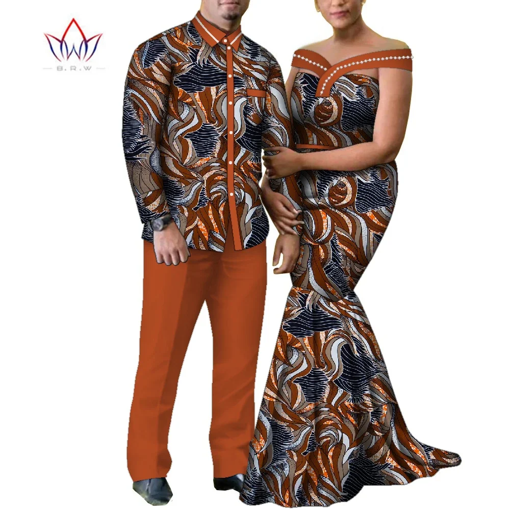 Bintarealwax Africa Couples Clothes for Lovers Bazin Pearl Long Women Dress & Men Pants Sets Plus Size Wedding Clothing WYQ981