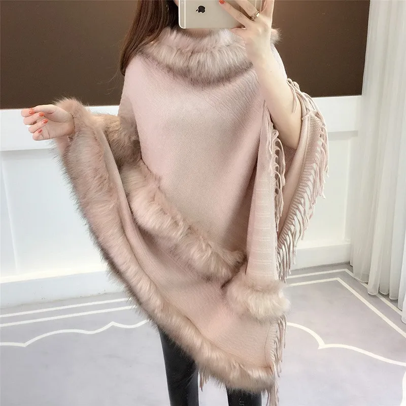 

Poncho Cloak Autumn and Winter New Faux Fur Collar Tassel Cape Shawl Women's Mid Length Pullover Knit Fashion Coat