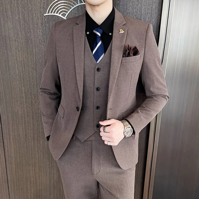 2023 Fashion New Men Boutique Solid Color Business Wedding Groom Suit Three Piece Set 3 Pcs Dress Blazers Jacket Coat Pants Vest 4