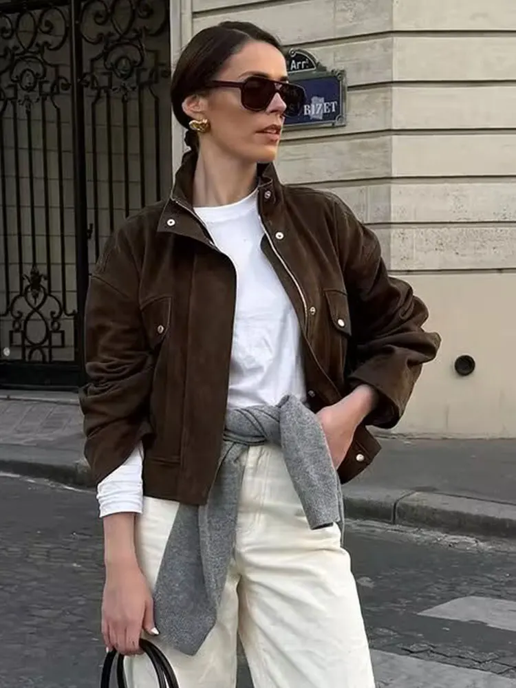 HH Women Vintage Solid Suede Coat Turtleneck Long Sleeve Zipper Bomber Jacket Outerwears Autumn Casual Female Streetwear