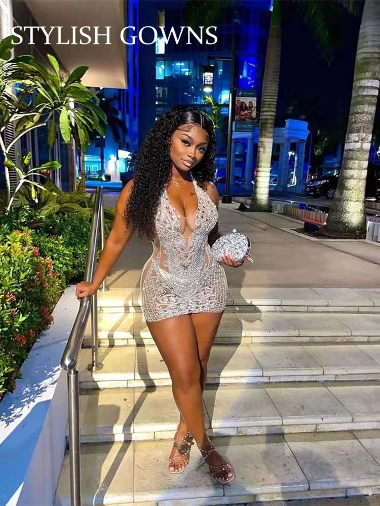 Sexy Halter Short Prom Dresses Luxury Sparkly Beads Rhinestone Crystal Birthday Mini Cocktail Party Gowns