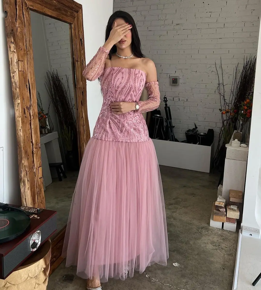 

Pink Strapless Evening Dresses For Prom Tulle A-Line With Oversleeves Saudi Arabia Customizable فساتين مناسبة رسمية vestidos de