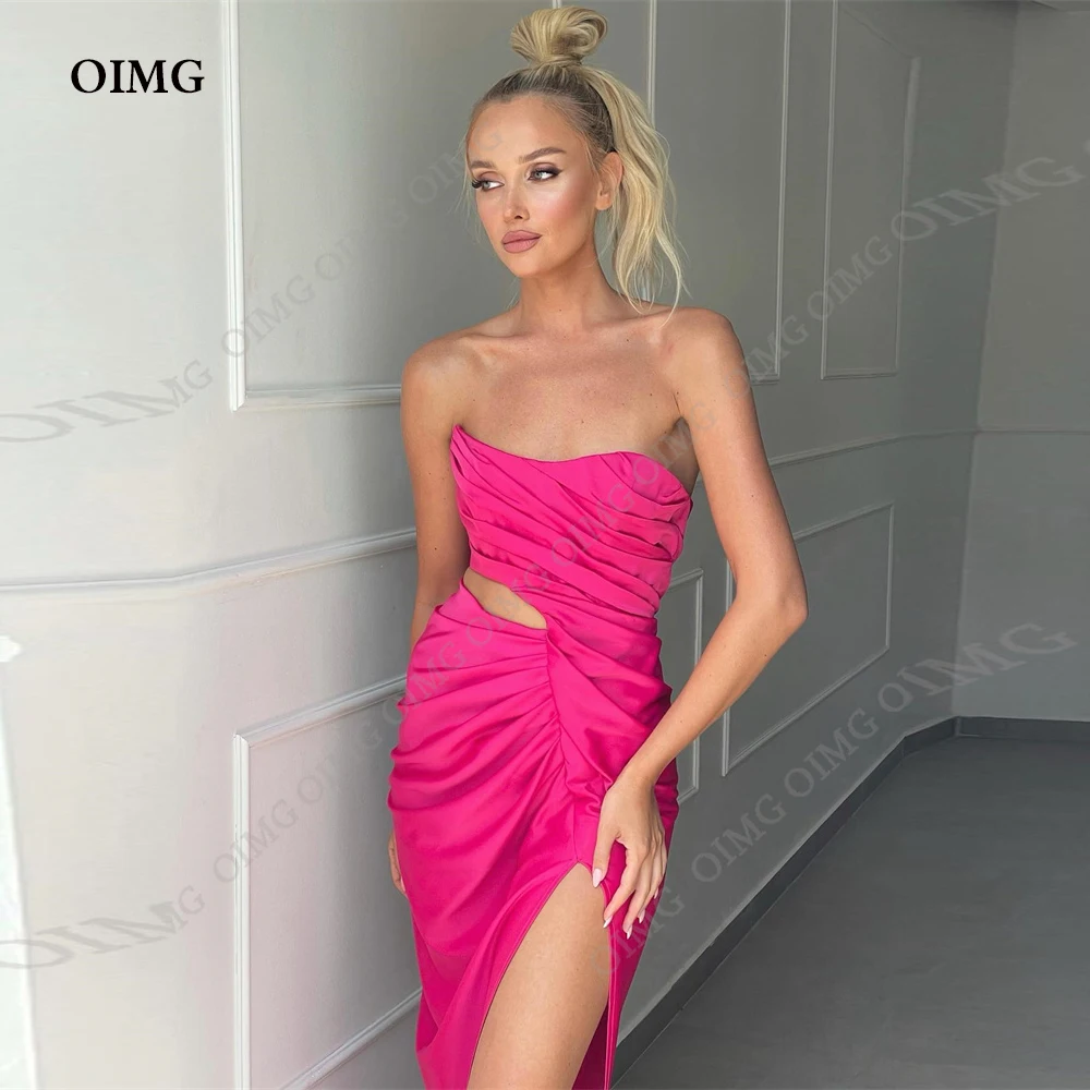 

OIMG Modest Satin Slit Split Cocktail Party Dresses Sleeveless Strapless Dubai Arabia Women Evening Dresses Formal Prom Gowns