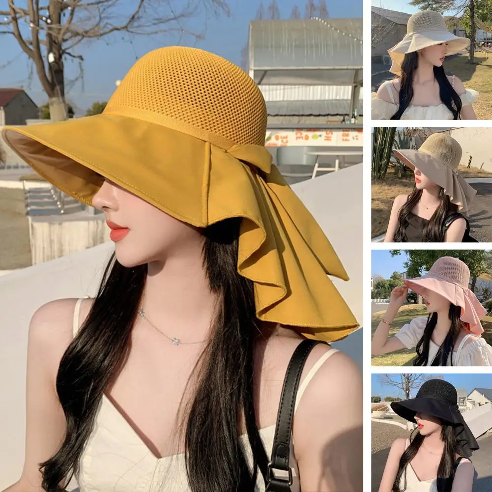 

Lady Sun Hat Bow Decor Elastic Hollow Out Ruffle Wide Band Sunshade Neck Protection Lady Summer Cap Women Headwear