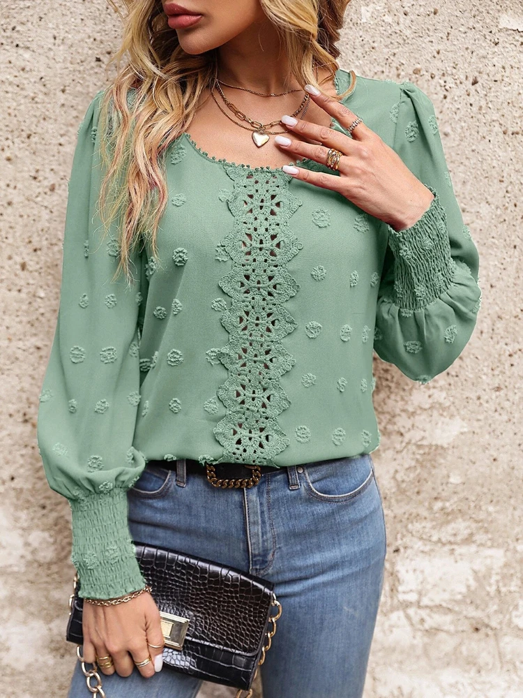 

2023 New Solid Blouses Women Clothing Fashion Hollow Out V Neck Puff Sleeves Elegant Office Work Ladies Long Sleeve Casual Shirt