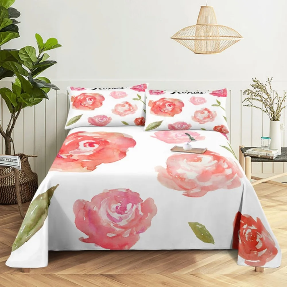Rosa Rose Bettlaken-Sets, 3D-Druck, Blumen, flach, weicher Bezug für Damen, Kinder, Mädchen, König, Königin, volle Zwillingsgröße, Leinen-Raumdekoration – Detail 18