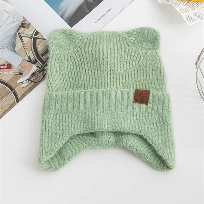 New Candy Colors Earflap Beanie Hat Faux Fur Knitted Hat Cat Ear Soft Lovely Winter Hats For Female Girl Streetwear Hat