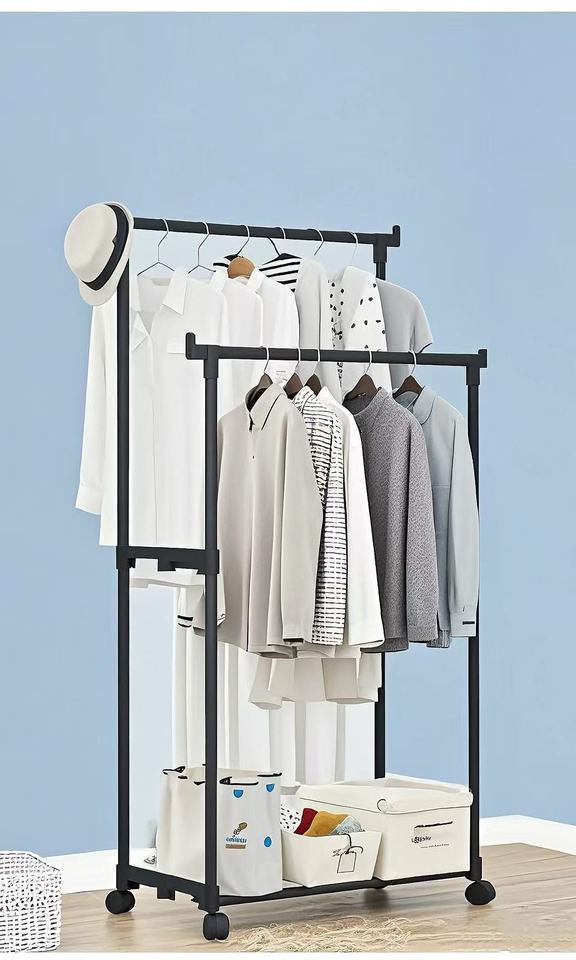 The double-decker mobile hanger does not take up space Double hanger pole Easy and convenient hanger Telescopic