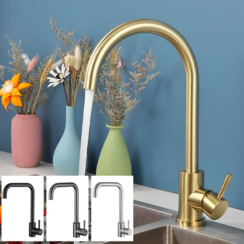 ULA Kitchen Faucets Brushed Gold Stainless Steel 360 Rotate Kitchen Faucet Deck Mount Cold Hot Water Sink Mixer Taps Torneira kitchen sink faucet single hole 304 stainless steel hot and cold waterstream sprayer head mixer tap deck mounted