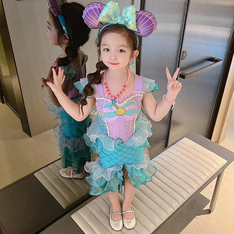

Children's clothing summer short-sleeved mermaid princess dress girl holiday party role sequined princess dress
