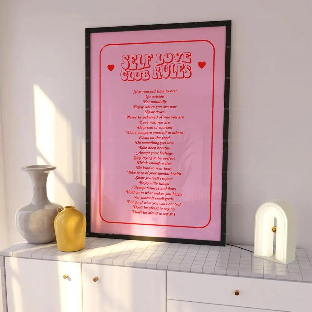 Modern Self Love Club Rules Citazioni Motivazionali Rosa Daily Stations Wall Art Print Pictures For Preppy Room Dorm Home Decor