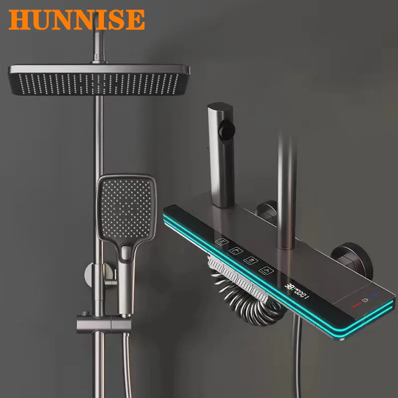 

Copper Piano Bathroom Shower Set Rainfall Shower Head Hot Cold Bathroom Faucets Grey Thermostatic Piano Bath Shower System