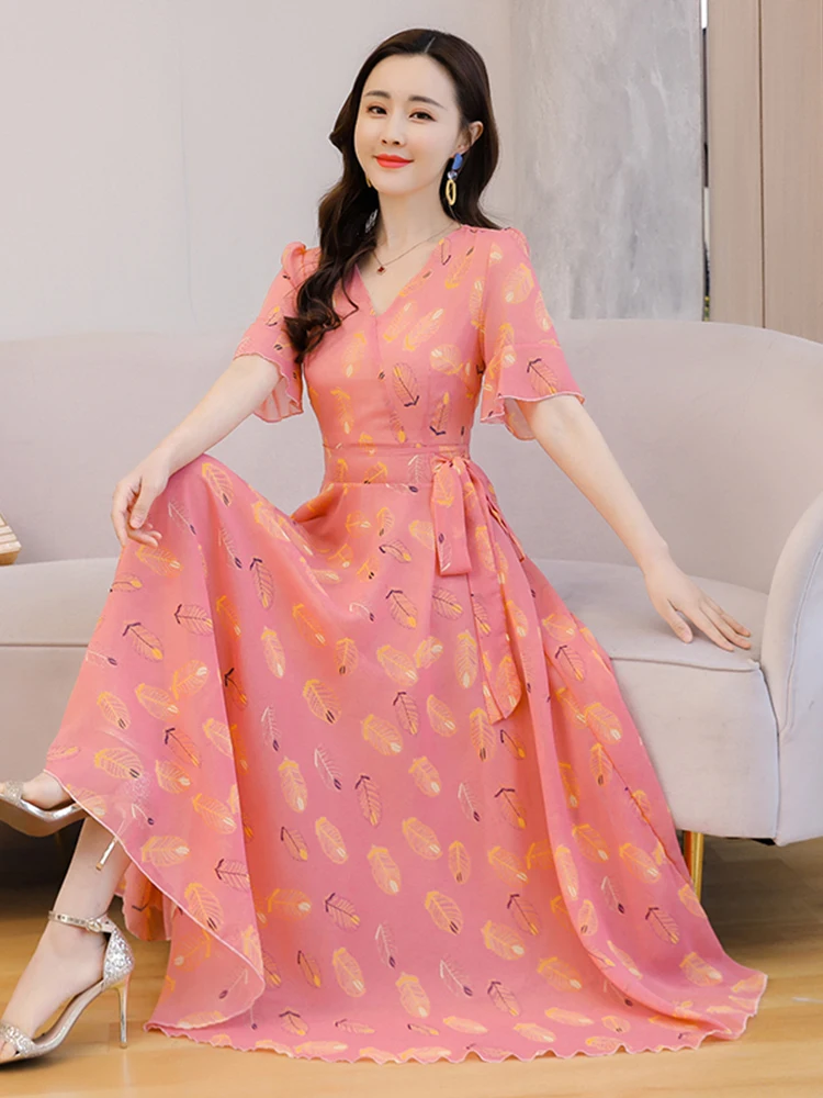 

V-Neck Women Floral Party Summer Midi Dress Fashion Vintage Chiffon Prom Casual Elegant Maxi Dress Short Sleeve Festa Luxo Dress