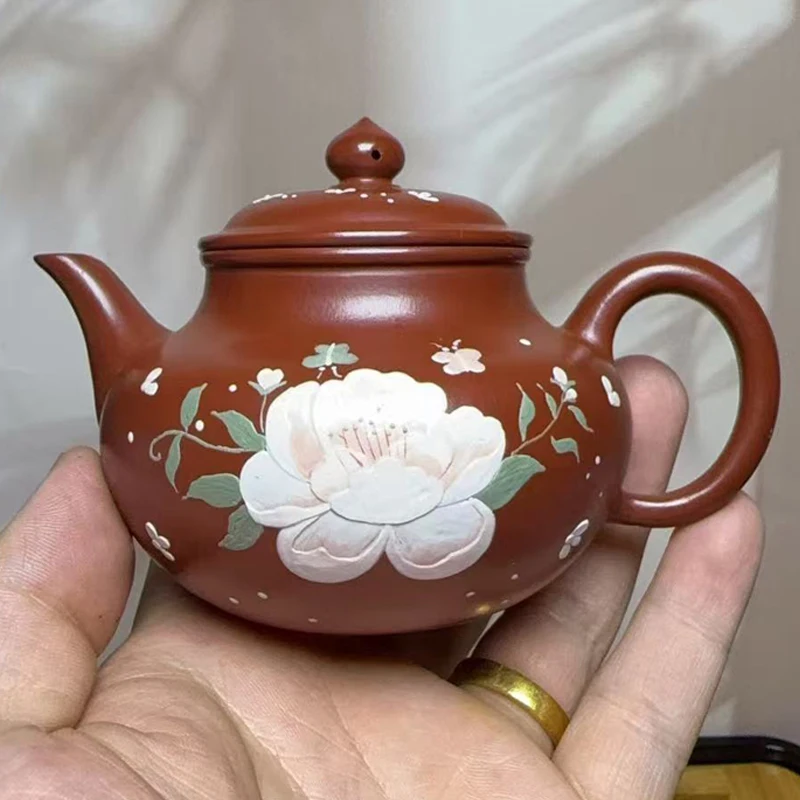 Chinese Style Lotus Flower Pattern Teapot, Purple Clay Raw Ore Dahongpao, Kung Fu Household, Handmade, 160ml Pot, New, 1Pc