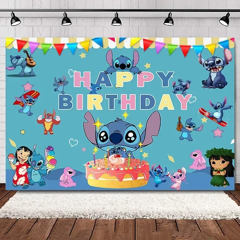 Birthday Backdrop Party Backdrop Curtain Party Decoration Party Supplies Disney Lilo Stitch Birthday Party Decorations Children's Cartoon Party Backdrops Photographic Background Decor Banner NO DIY