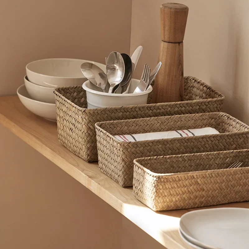 Bathroom Storage Basket Home Storage Basket Box Grass Woven Rectangular Storage Container Sundries Kitchen Drawer Organizer - 3