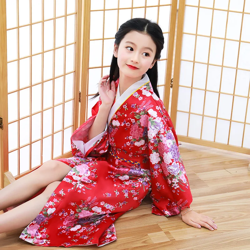 Girls Kids Elegants Japanese Kimono Children Haori Costume Vintage Novelty Cosplay Costume National Print Yukata with Obi Gown