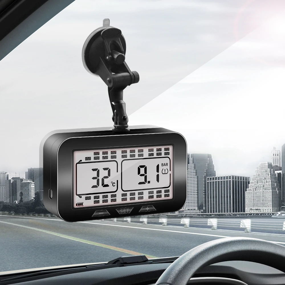 Car Tire Pressure Monitor Trailer Tire Pressure Monitoring System Solar TPMS 217psi Automobile Truck RV Bus Sensor LCD Display Real time Alarm Pressure