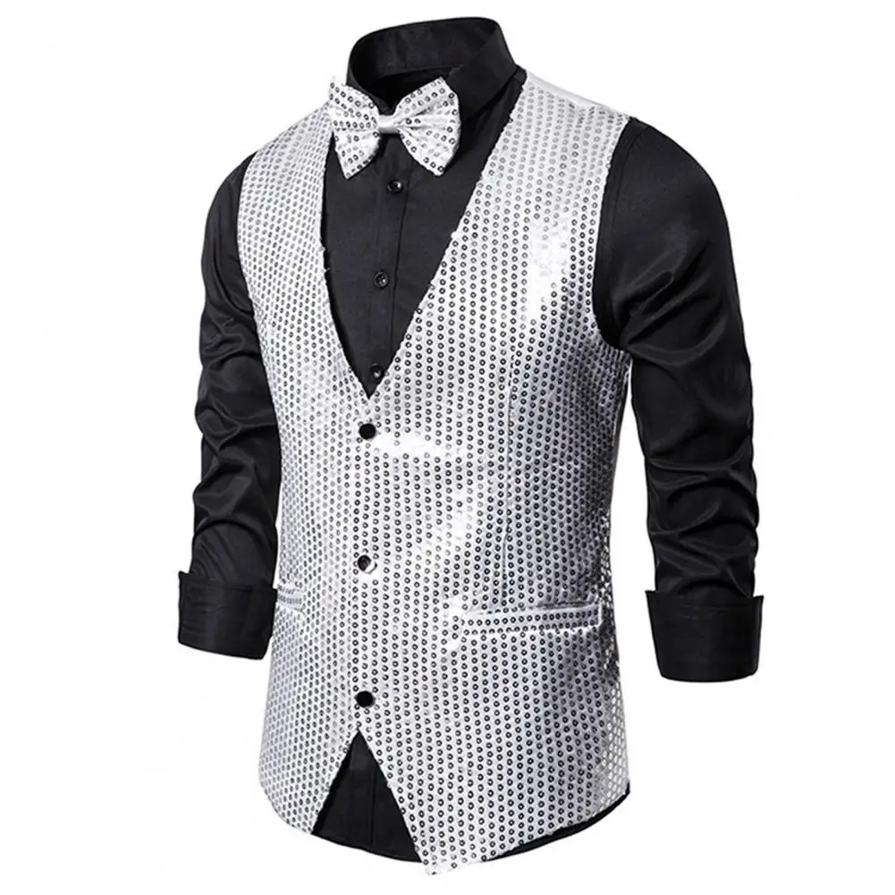 

Sequined Waistcoat Sequin Vest Bow Tie Set for Men Retro Disco Groom Wedding Party Waistcoat with Shiny V for Special for Men