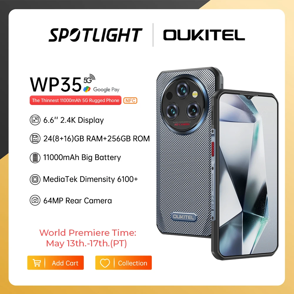 Oukitel WP35 Rugged Smartphone, 5G, 11000mAh, 24GB + 256GB, Andiron 14, 64 MP, NFC Cell Phone