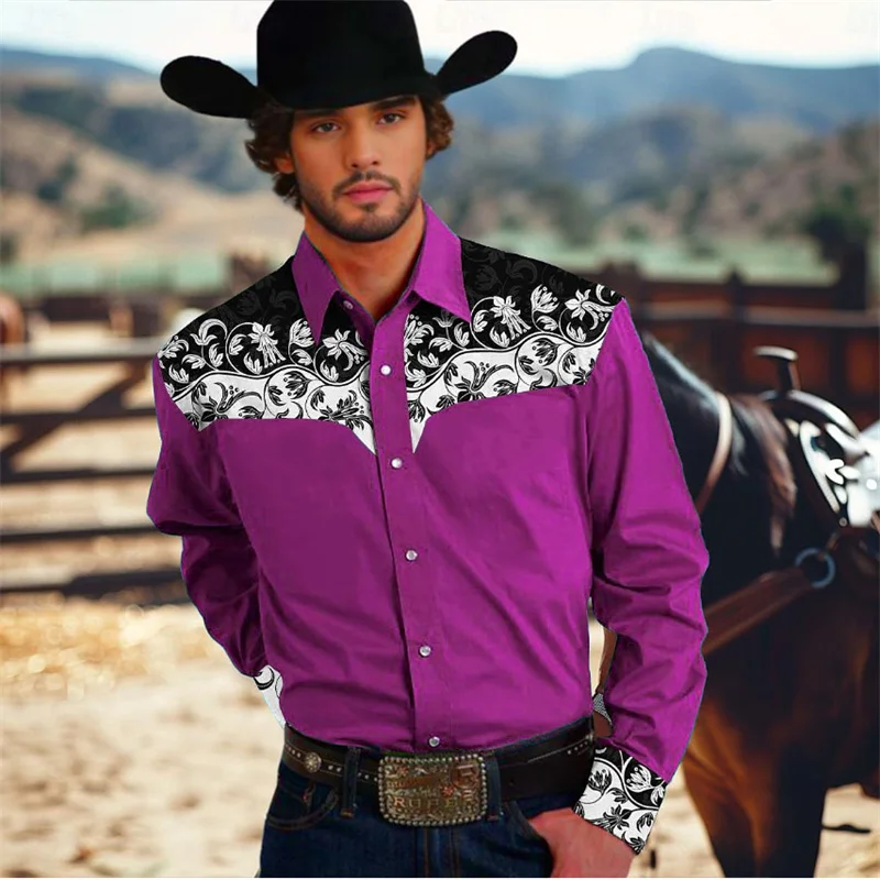 thumbnail image 1 of Camisa de hombre estilo occidental con estampado floral, para entrenamiento formal, boda, verano, primavera, manga larga, azul, tallas S-5XL, poliéster, talla europea 2024, 1 of 4
