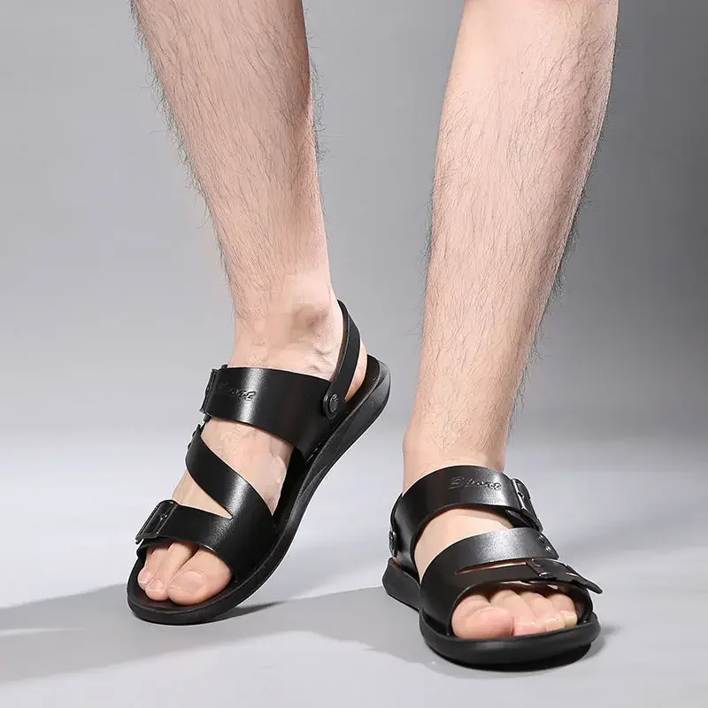 Men's Sandals Solid Color PU Leather Men's Summer Shoes Casual Comfortable Open Toe Sandals Soft Beach Shoes leather sandals,summer sandals
