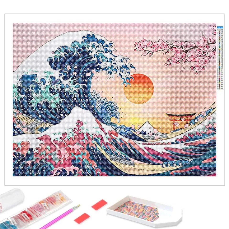 Large Diamond Painting Great Wave with Sunset Natural Scenery Full Diamond  Embroidery Kanagawa Art Cross Stitch Home Decor Gift - AliExpress