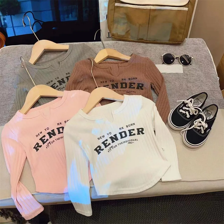 여아용 용수철 긴팔 티셔츠, 용수철 여아, 스레드 슬림, 한국 문자 베이스 셔츠, 심플 캐주얼 탑, 2024 신상