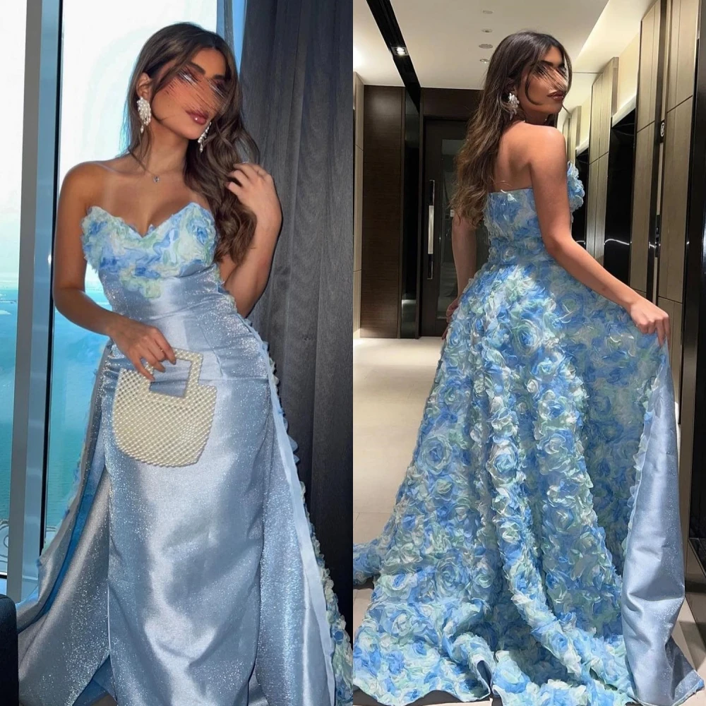 

Exquisite Intricate Strapless Ball gown Party Dresses Flower Hugging Skirts Sweep/Brush Satin Evening Dresses вечернее платье