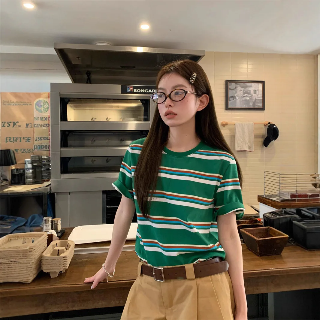 Women Summer Striped Short Sleeve Loose T Shirts