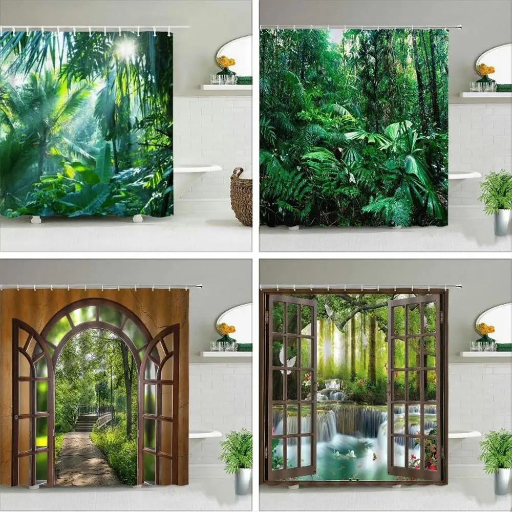

Forest Landscape Shower Curtains Green Tropical Plant Palm Tree Flower Leaves Garden Natural Scenery Bath Curtain Bathroom Decor