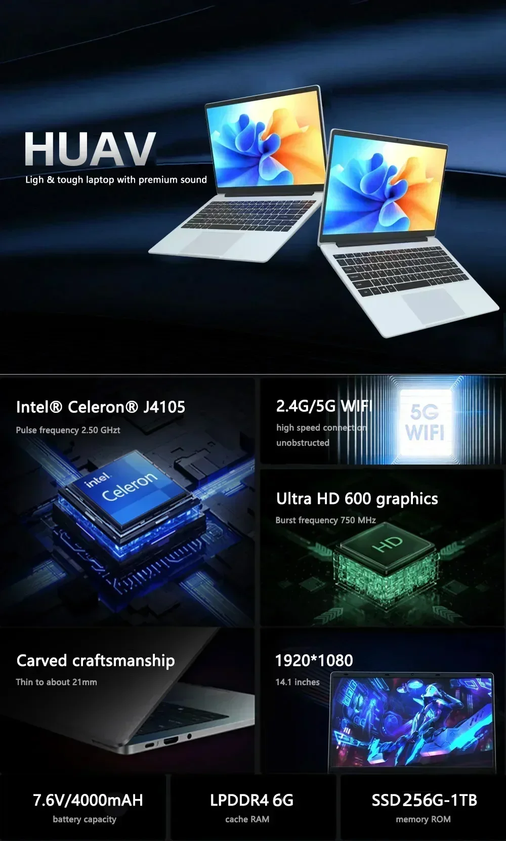 HUAV 14.1 FHD 스크린 노트북, 인텔 셀러론 J4105, 8GB RAM, 1024GB SSD, 윈도우 11 학생 노트북, 와이파이 블루투스, 2023 신제품
