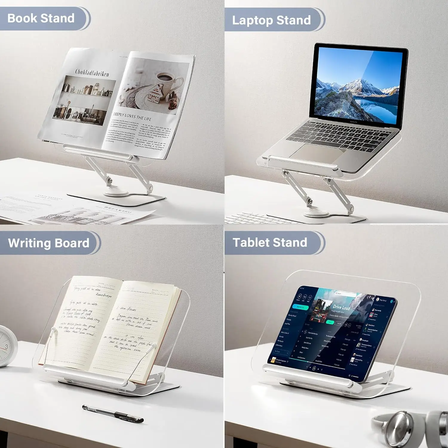 Acrylic Book Stand for Reading, Adjustable Book Holder with 360° Rotating Base &